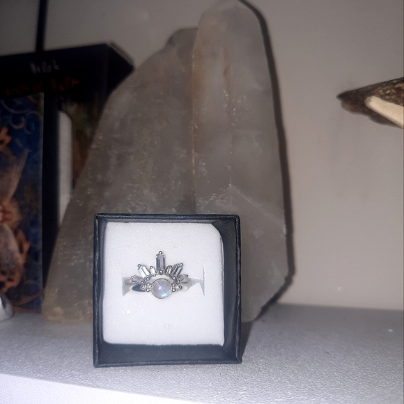 Genuine Moonstone Crystal Crown Sterling Silver Ring Set Stackable - Picture 2 of 4